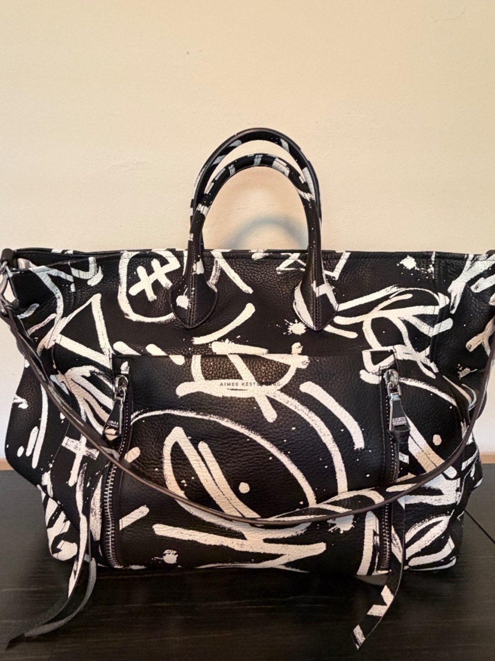 Aimee Kestenberg Let's Ride Tote — Black Leather Graffiti Print Rare
